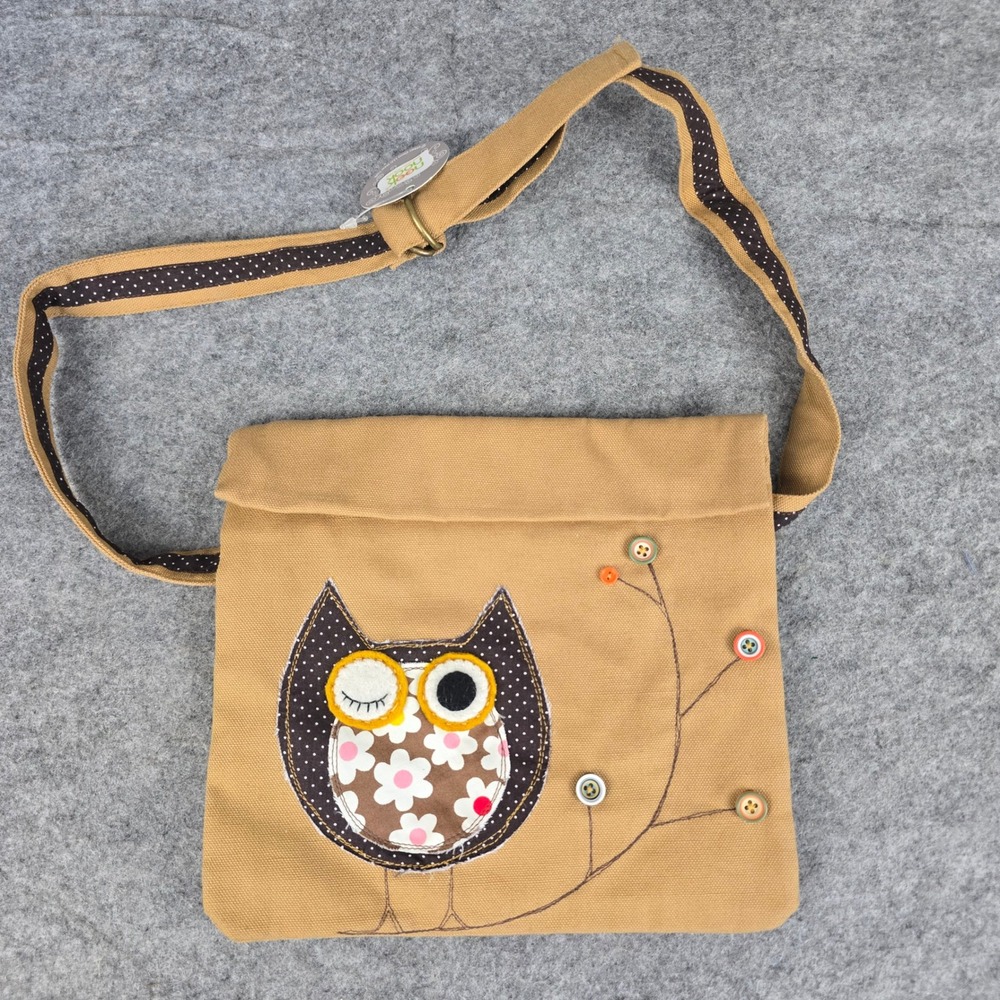 Nook Nook Owl Crossbody Bag Women Small Tan Cotton Whimsical Button Detail NWT